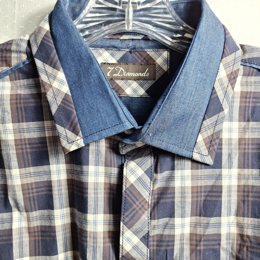 7 Diamonds Men’s Plaid Button-Down Shirt in Navy, Brown, Cream